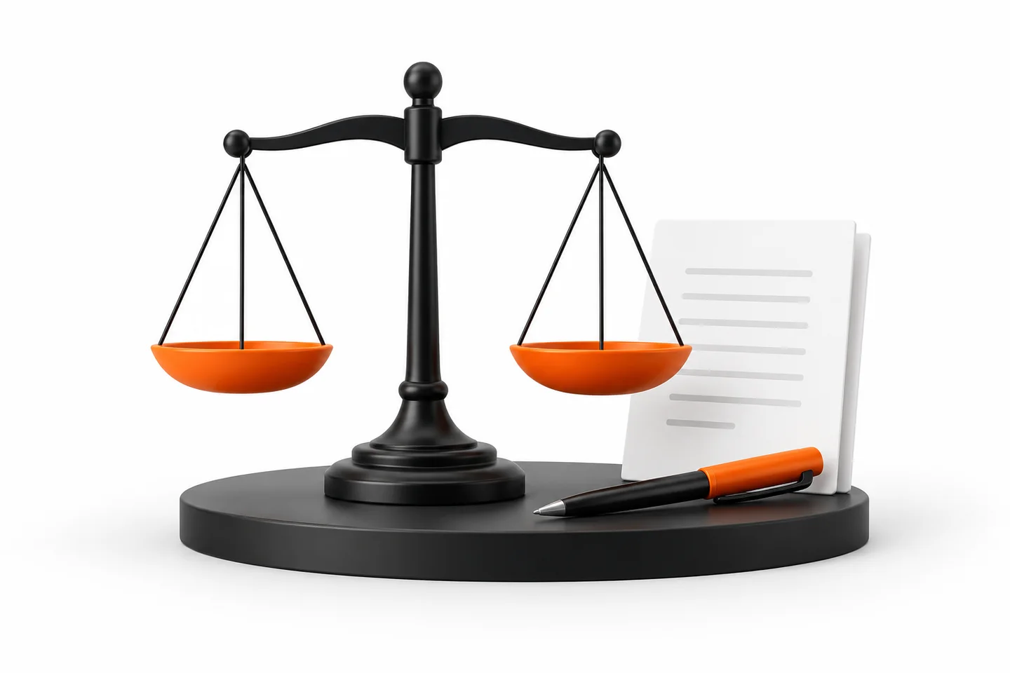 Graphic of legal scales, documents and a pen